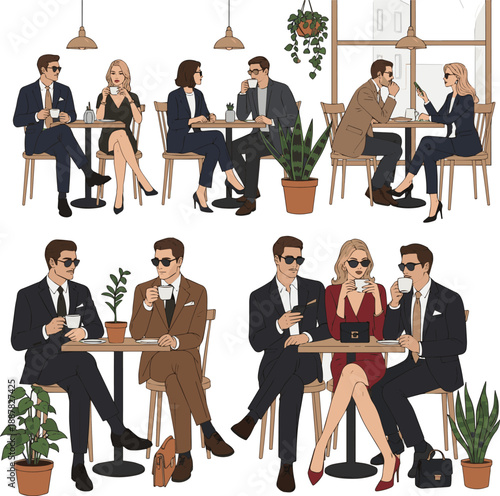 Create a realistic kinds of deferent Elegant man and woman sitting in a Scandinavian style café and drinking coffee vector art with white background..