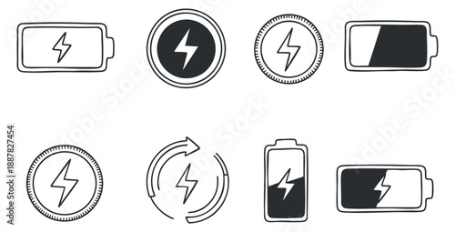 A collection of battery and energy icons in outline vector style, suitable for tech and digital applications