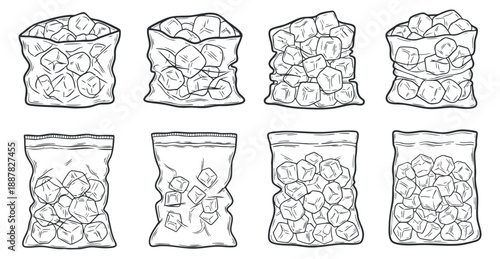 A collection of eight various bags filled with ice cubes in a hand-drawn outline style, ideal for food packaging design