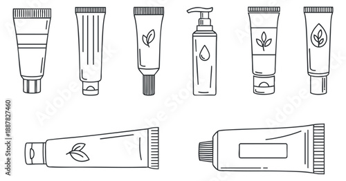 A collection of various cosmetic and skincare tubes in black outline minimalist vector style, ideal for beauty product branding and packaging