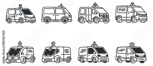 A collection of delivery vans and service vehicles in black and white outline vector style, suitable for transportation and logistics projects