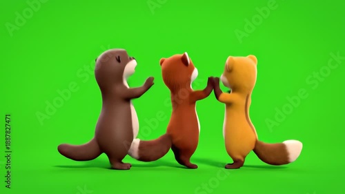 Three adorable animated cartoon otters perform a cheerful synchronized dance routine, raising their arms and smiling happily against a vibrant green screen background, rendered in high quality 3D.