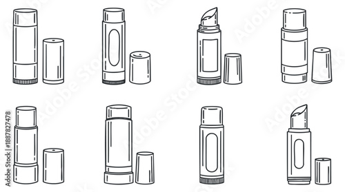 A set of various cosmetic containers and bottles in black and white outline vector style, perfect for beauty product packaging design