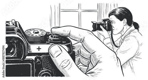 A photographer adjusting a camera with a focus on the lens and hand in detailed black and white vector style, ideal for photography-themed projects