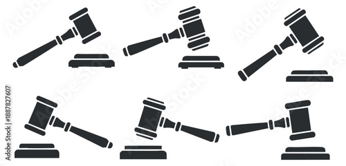 A collection of gavel icons in black silhouette vector style, suitable for legal and courtroom design projects
