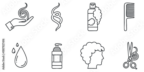 A collection of hair care and grooming icons in minimalist outline vector style, perfect for beauty and salon branding