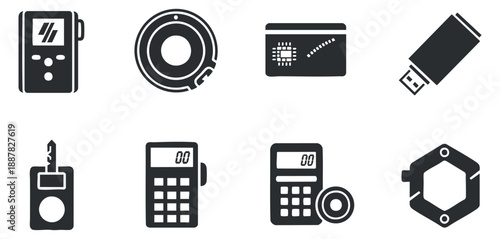 A collection of electronic devices including a remote control, calculator, and USB drive in flat black and white vector style, ideal for technology-related projects