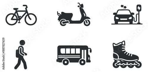 A set of transportation icons including a bicycle, scooter, electric car charging station, pedestrian, bus, and roller skates in black and white vector style, ideal for urban mobility design projects