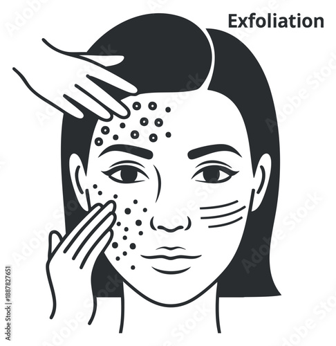 A woman undergoing facial exfoliation with hands in minimalist black and white vector style, suitable for beauty and skincare projects