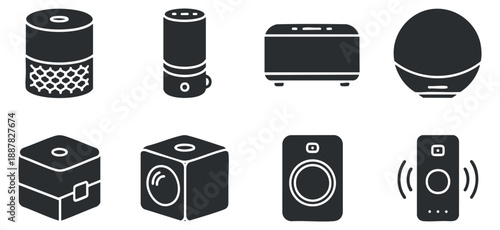 A collection of various audio speakers and sound devices in black and white flat vector style, suitable for technology and music-related projects