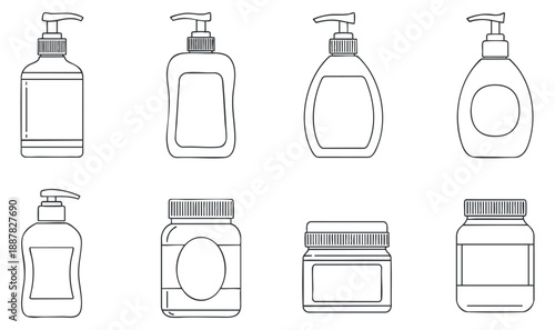 A collection of various bottle designs in black outline vector style, perfect for cosmetic and cleaning product branding