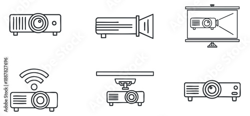 A collection of projector icons in clean outline vector style, suitable for technology presentations and digital media.
