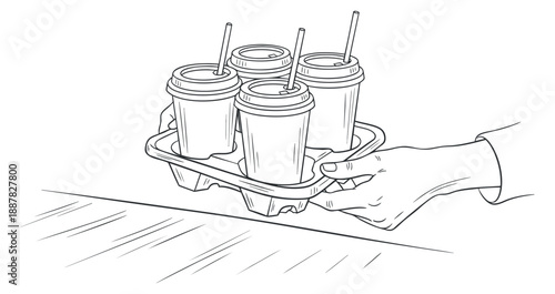 A hand holding a tray with four takeaway coffee cups featuring straws in black and white outline vector style, suitable for cafe branding and food service projects