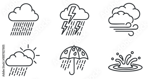 A collection of weather icons featuring rain, clouds, thunder, sun, and umbrella in minimalist outline vector style, suitable for meteorological designs
