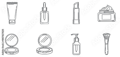 A collection of skincare and makeup products including tubes, bottles, and brushes in minimalist outline vector style, ideal for beauty and cosmetic branding