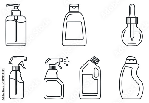A collection of various cleaning and liquid bottles in outline vector style, suitable for household product branding and packaging