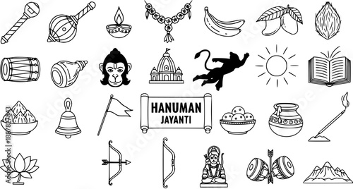 Hanuman Jayanti Vector Icons: Line Art Symbols of Indian Culture, Spirituality, and Festivals