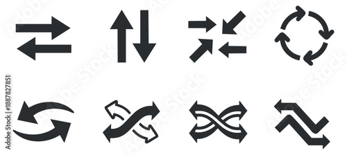 A collection of various directional arrows and flow icons in black and white vector style, suitable for user interface design and navigation elements