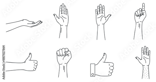 A collection of hand gestures including thumbs up, peace sign, and pointing finger in minimalist black and white vector style, suitable for communication design and illustration.