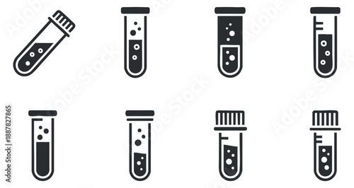 A collection of various test tubes in black and white vector style, ideal for scientific illustrations and educational materials