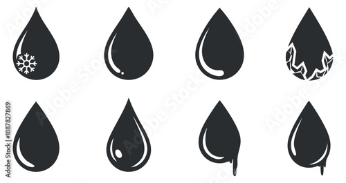 A set of stylized water droplets with various designs in black vector style, suitable for environmental graphics and icons