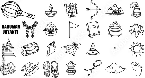 Hindu Festival Hanuman Jayanti Line Art Icon Set. Black and White Outline Glyph Collection of Religious and Cultural Symbols for Indian Spirituality.