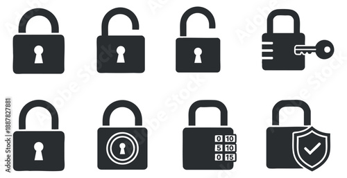 A set of various padlock icons in flat black vector style, ideal for security and technology-related projects