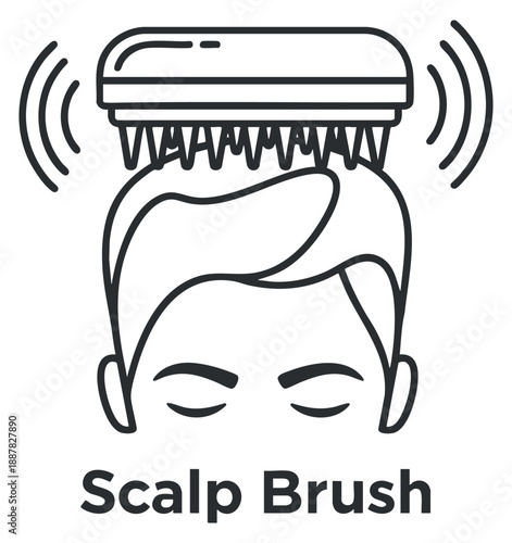 A scalp brush illustration featuring a person receiving a massage in minimalist outline vector style, suitable for beauty and wellness branding
