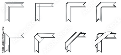 A collection of decorative ribbon corners in minimalist outline vector style, suitable for graphic design and creative projects