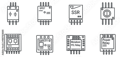 A collection of electronic relay icons including SPDT, SSR, and power relay in minimalist black and white vector style, suitable for technical design and engineering projects