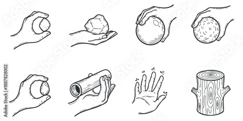 A collection of hands holding various objects including a sphere, a geometric shape, and a log in minimalist outline vector style, suitable for educational and creative projects