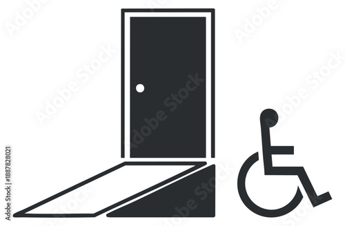 An accessibility symbol featuring a door with a ramp and a wheelchair user in black and white minimalist vector style, ideal for disability awareness campaigns
