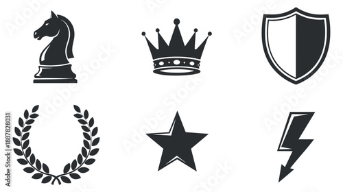 A collection of chess knight, crown, laurel wreath, shield, star, and lightning bolt icons in black and white minimalist vector style, perfect for graphic design and awards