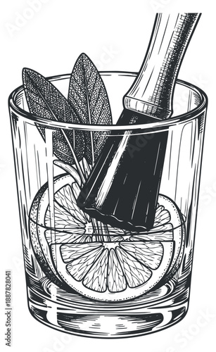 A glass filled with lime slices and mint leaves being muddled in a black and white sketch style, perfect for cocktail recipes and bar menus