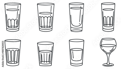A collection of various drinking glasses in minimalist outline vector style, ideal for bar and restaurant designs