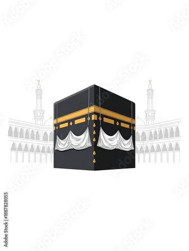 Kaaba holy mosque in Mecca with sacred black cube and white cloth creating peaceful Islamic pilgrimage scene for spiritual worship and religious festival background