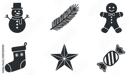 A collection of Christmas icons including a snowman, gingerbread man, candy, star, stocking, and pine branch in flat black vector style, ideal for festive design projects