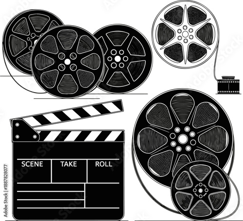 Create a realistic kinds of deferent Film Reels and Clapper board - video icon vector art with white background..