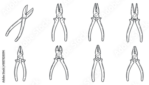 A collection of various pliers in outline vector style, suitable for technical illustrations and tool-related projects
