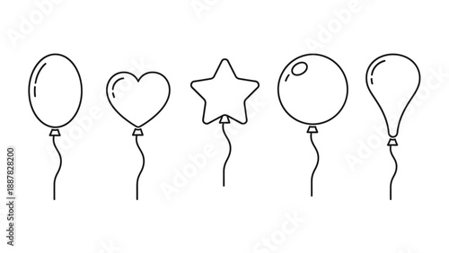 Collection of five minimalist outline balloons featuring oval heart star round and teardrop shapes perfect for celebration design elements
