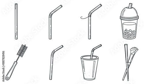 A collection of various drinking straws, cups, and utensils in minimalist outline vector style, perfect for food and beverage branding