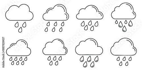 A collection of eight rain cloud icons in outline vector style, suitable for weather-themed designs and applications