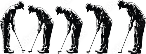 golfer, putting, silhouette, stroke, motion, posture, black, white, icon, illustration, vector, design, symbol, sport, golf, swing, stance, follow-through, athletic, sequence