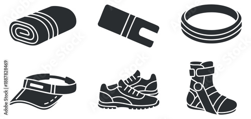 A collection of fitness accessories including a yoga mat, headband, sports shoes, and ankle brace in black and white vector style, ideal for gym and wellness branding