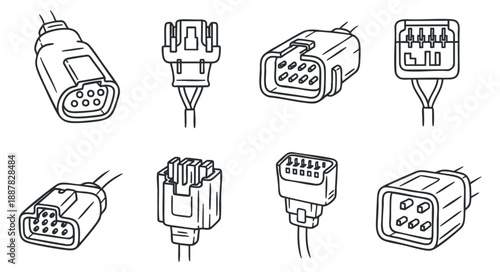 A collection of various electrical connectors and plugs in clean outline vector style, suitable for technology and engineering projects