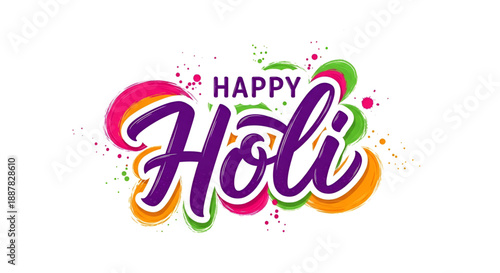 Holi colorful happy festival typography illustration with paint splash design for Indian spring celebration greeting banner poster and social media marketing use