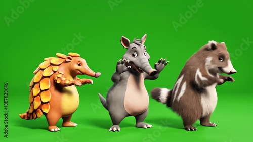 A cheerful trio of stylized 3D animated forest creatures, including a pangolin, an aardvark, and a badger like animal, joyfully dance and move their arms in unison against a vibrant, solid green.