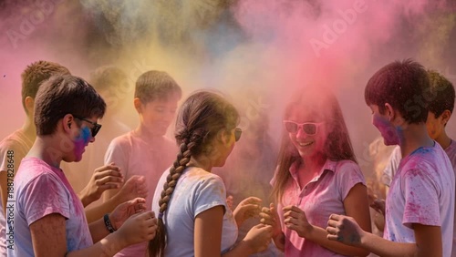 Happy people at the Holi festival outdoors, while someone sprinkles them with colorful paints in powder.