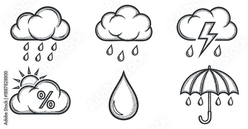 A collection of weather icons featuring clouds, rain, a raindrop, lightning, and an umbrella in a hand-drawn sketch style, perfect for weather forecasts and applications