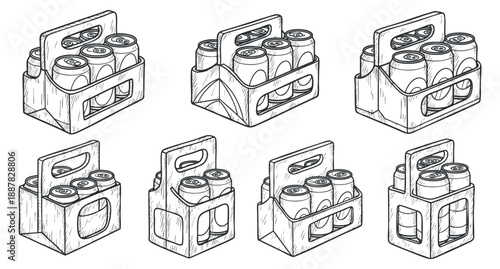 A collection of hand-drawn beverage carton packs with cans in outline vector style, suitable for product packaging design